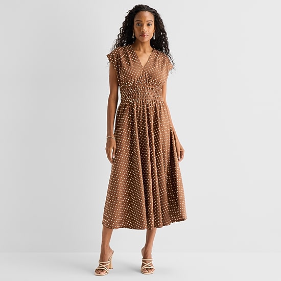 Danny & Nicole Womens Midi V Neck Sleeveless Cap Polka Dot Fit + Flare Dress