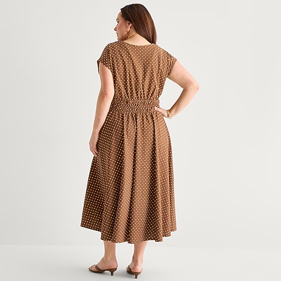 Danny & Nicole Womens Plus Midi V Neck Sleeveless Cap Polka Dot Fit + Flare Dress
