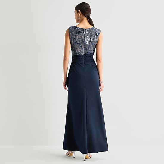 Brianna Milay Womens Round Neck Sleeveless Cap Embellished Evening Gown
