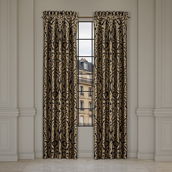 Queen Street Blythe Black & Gold Rod Pocket Energy Saving Light-Filtering Set of 2 Curtain Panel