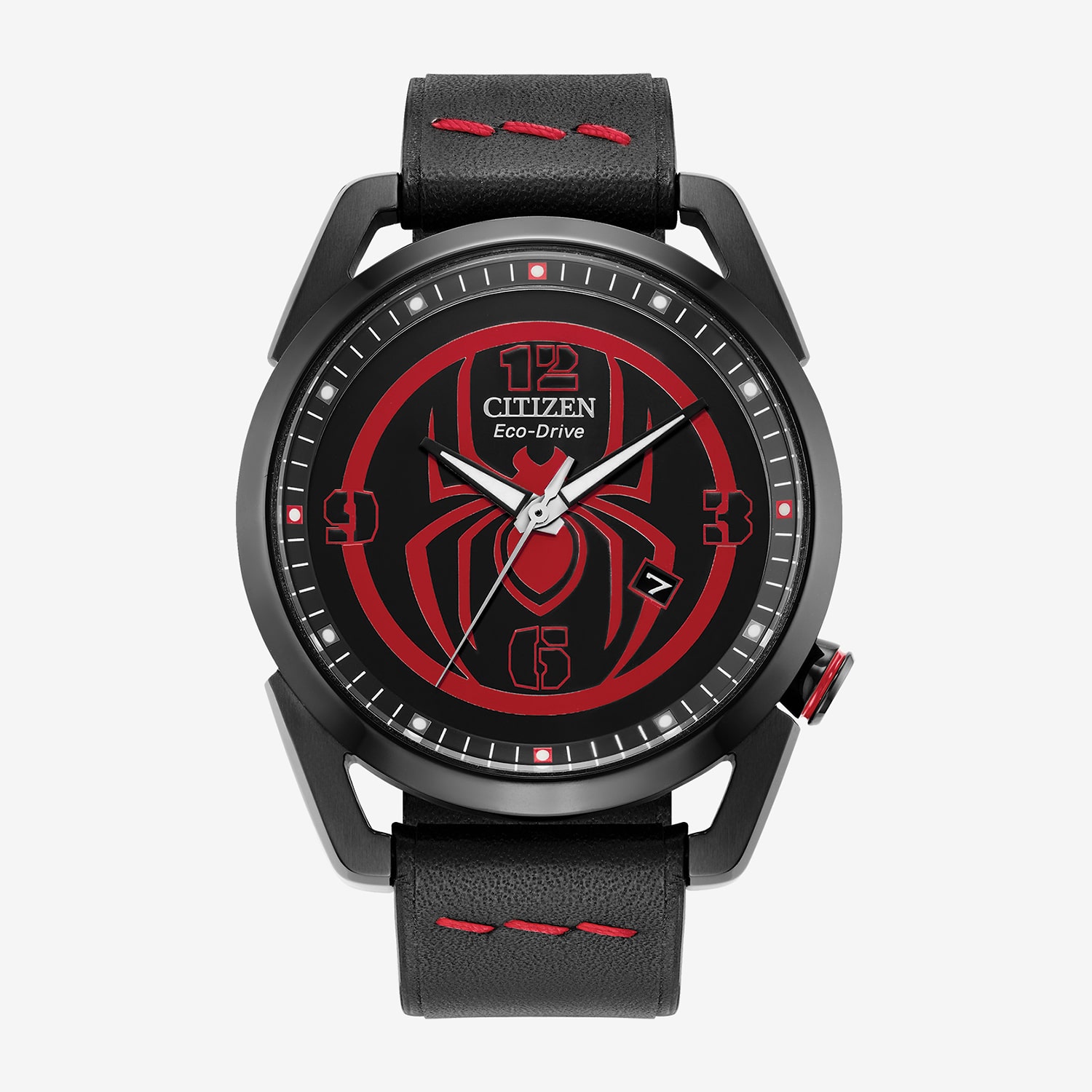 Citizen Spiderman Mens Black Leather Strap Watch Aw1685-00w