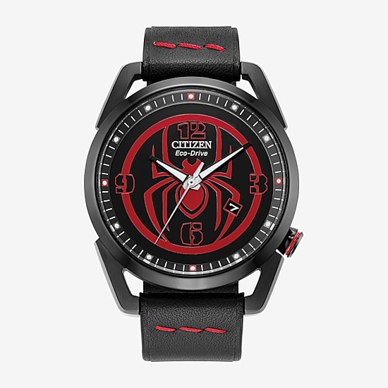 Citizen Spiderman Mens Black Leather Strap Watch Aw1685-00w