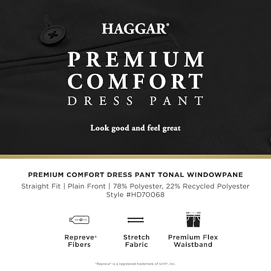 Haggar Premium Comfort Tonal Windowpane Mens Comfort Waistband Straight Fit Dress Flat Front Pant
