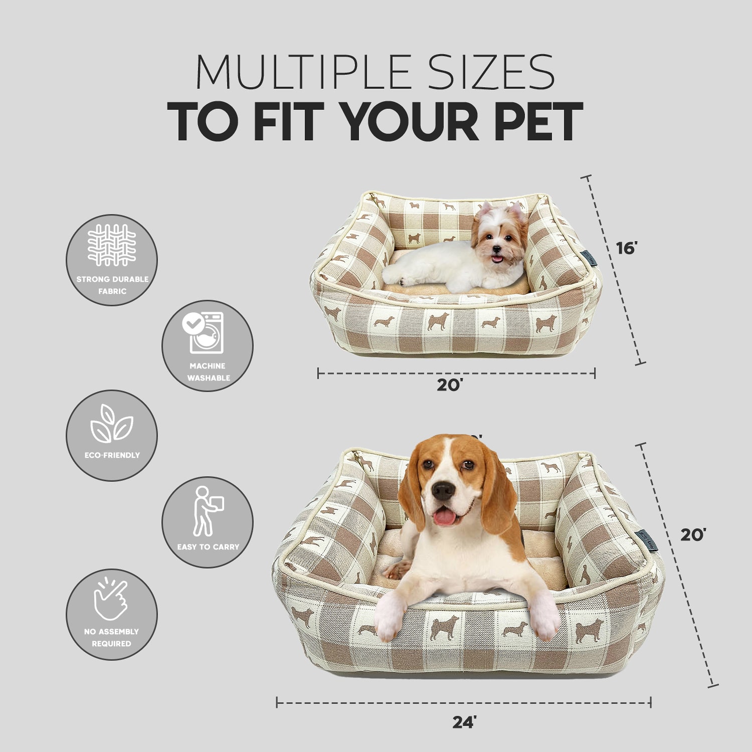 Precious Tails 20" Taupe Plaid Cuddler Pet Bed