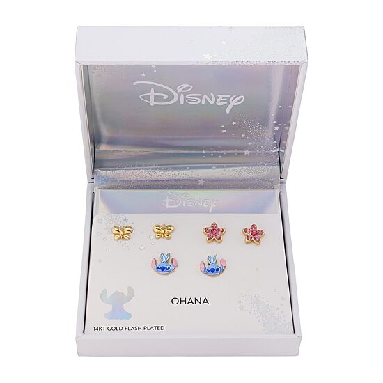 Disney Classics Womens Pink Cubic Zirconia 10K Gold Over Brass Butterfly Flower Lilo & Stitch Stitch 3 Pair Earring Set