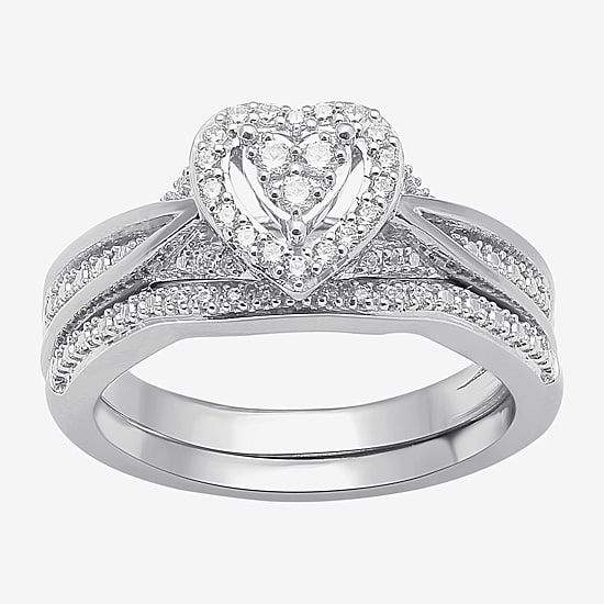 (I, I2) Womens 1/5 CT. Lab Grown White Diamond Sterling Silver Heart Bridal Set