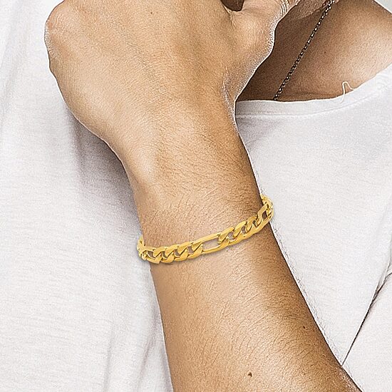Steeltime Mens 18K Gold Over Stainless Steel 8 1/2 Inch Figaro Hypoallergenic Chain Bracelet