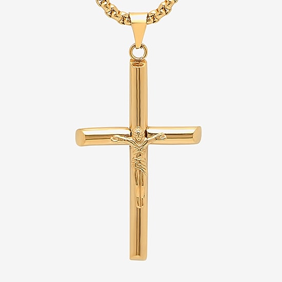 Steeltime Mens 18K Gold over Stainless Steel Cruifix Cross Pendant Necklace