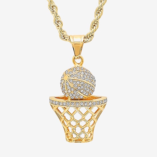 Steeltime Basketball Mens 2 1/4 CT. T.W. White Cubic Zirconia 18K Gold Over Stainless Steel Hypoallergenic 24 Inch Pendant Necklace