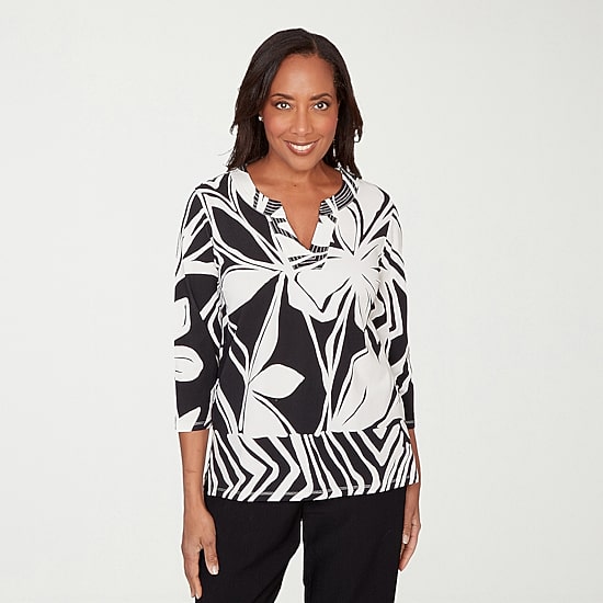 Alfred Dunner Crowd Pleaser Womens V Neck 3/4 Sleeve T-Shirt