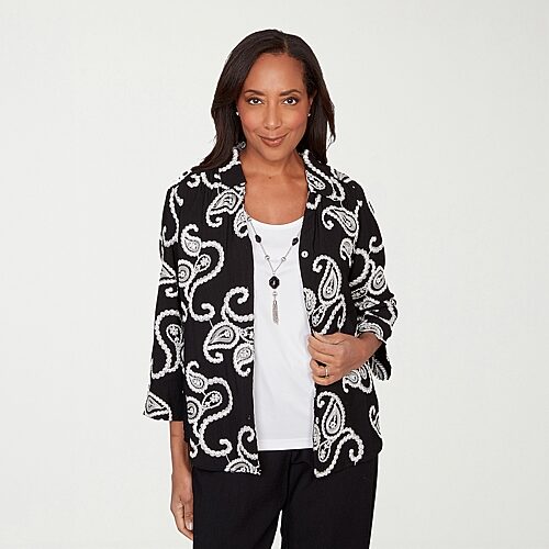 Alfred Dunner Crowd Pleaser Womens 3/4 Sleeve Embroidered Blouse In Black