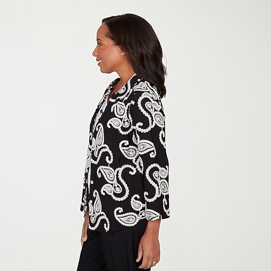 Alfred Dunner Crowd Pleaser Womens 3/4 Sleeve Embroidered Blouse