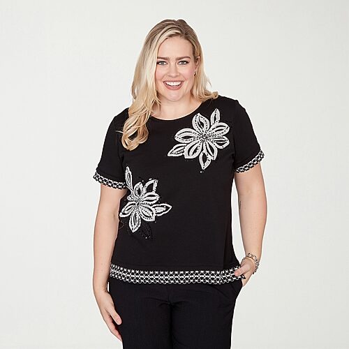 Alfred Dunner Crowd Pleaser Womens Crew Neck Short Sleeve T-shirt In Black