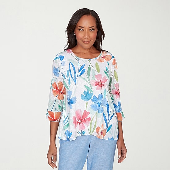 Alfred Dunner Caribbean Blues Womens Round Neck 3/4 Sleeve T-Shirt