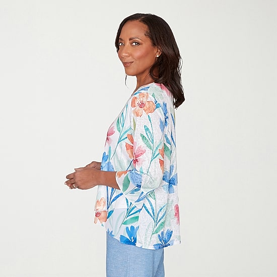 Alfred Dunner Caribbean Blues Womens Round Neck 3/4 Sleeve T-Shirt