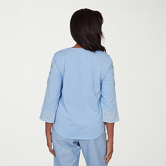 Alfred Dunner Caribbean Blues Womens Split Crew Neck 3/4 Sleeve T-Shirt