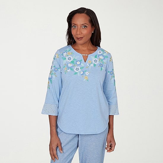 Alfred Dunner Caribbean Blues Womens Split Crew Neck 3/4 Sleeve T-Shirt