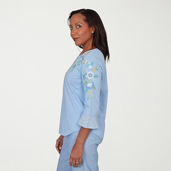 Alfred Dunner Caribbean Blues Womens Split Crew Neck 3/4 Sleeve T-Shirt