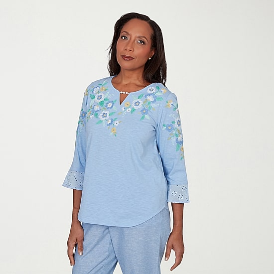 Alfred Dunner Caribbean Blues Womens Split Crew Neck 3/4 Sleeve T-Shirt