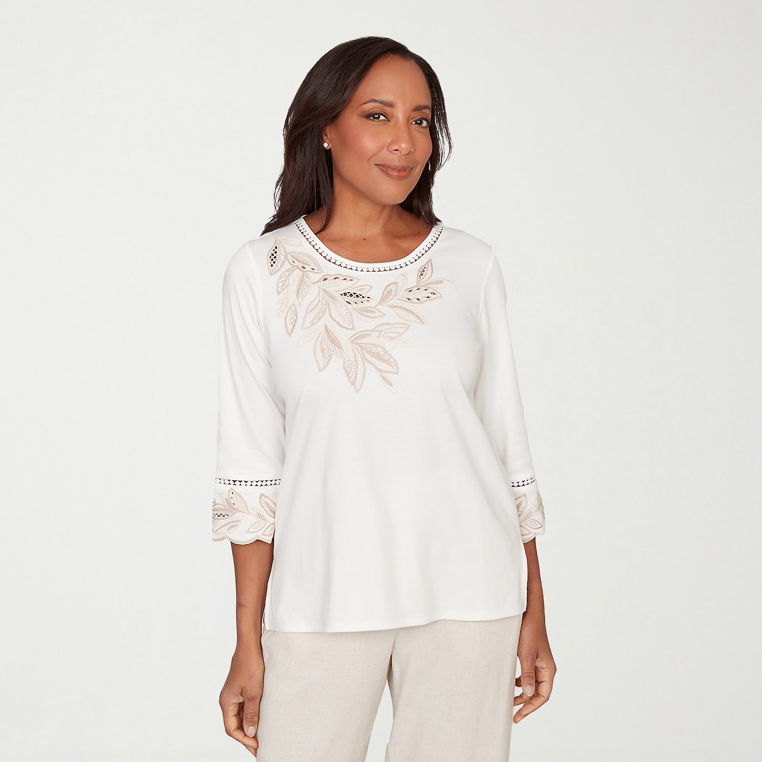 Alfred Dunner Natural Wonder Womens Crew Neck 3/4 Sleeve T-Shirt