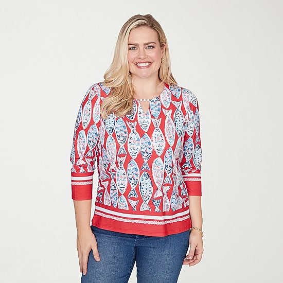 Alfred Dunner Port Side Womens Keyhole Neck 3/4 Sleeve T-Shirt