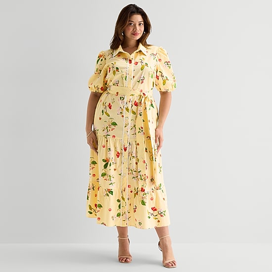 Melonie T Womens Plus Belted Short Sleeve Midi Shirt Dress