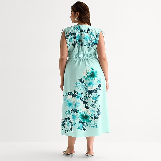 Melonie T Womens Plus Midi V Neck Sleeveless Floral Fit + Flare Dress