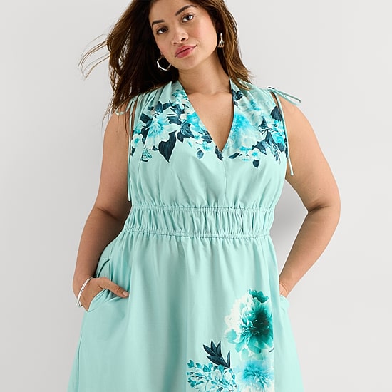 Melonie T Womens Plus Midi V Neck Sleeveless Floral Fit + Flare Dress