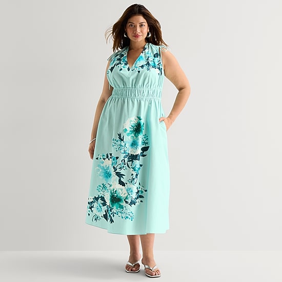 Melonie T Womens Plus Midi V Neck Sleeveless Floral Fit + Flare Dress