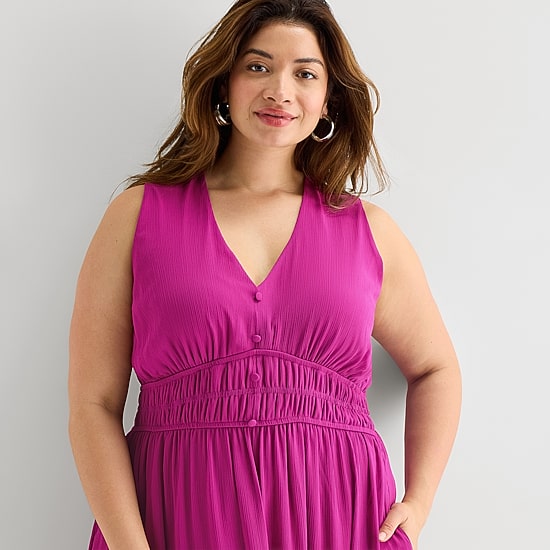Danny & Nicole Womens Plus Midi V Neck Sleeveless Fit + Flare Dress
