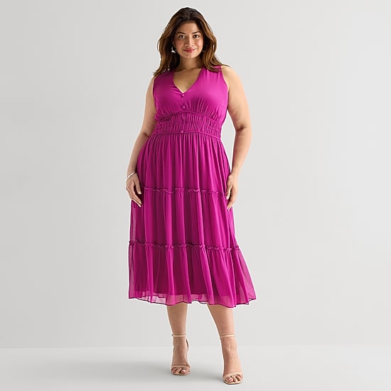 Danny & Nicole Womens Plus Midi V Neck Sleeveless Fit + Flare Dress