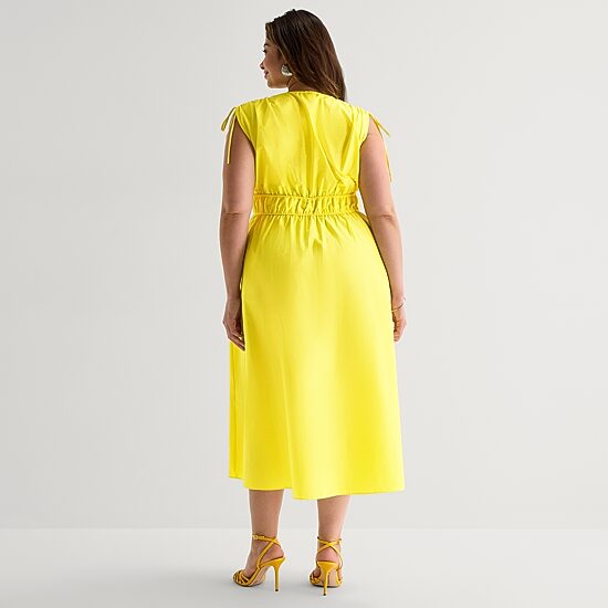 Melonie T Womens Plus Midi V Neck Sleeveless Fit + Flare Dress