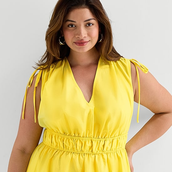 Melonie T Womens Plus Midi V Neck Sleeveless Fit + Flare Dress