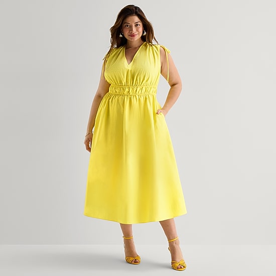Melonie T Womens Plus Midi V Neck Sleeveless Fit + Flare Dress