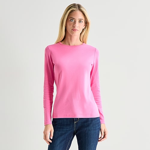 St. John's Bay Womens Tall Crew Neck Long Sleeve T-shirt In Pink