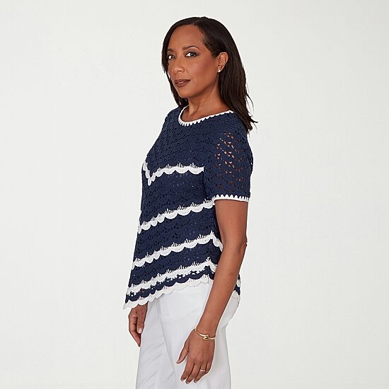 Alfred Dunner Port Side Womens Crochet Crew Neck T-Shirt