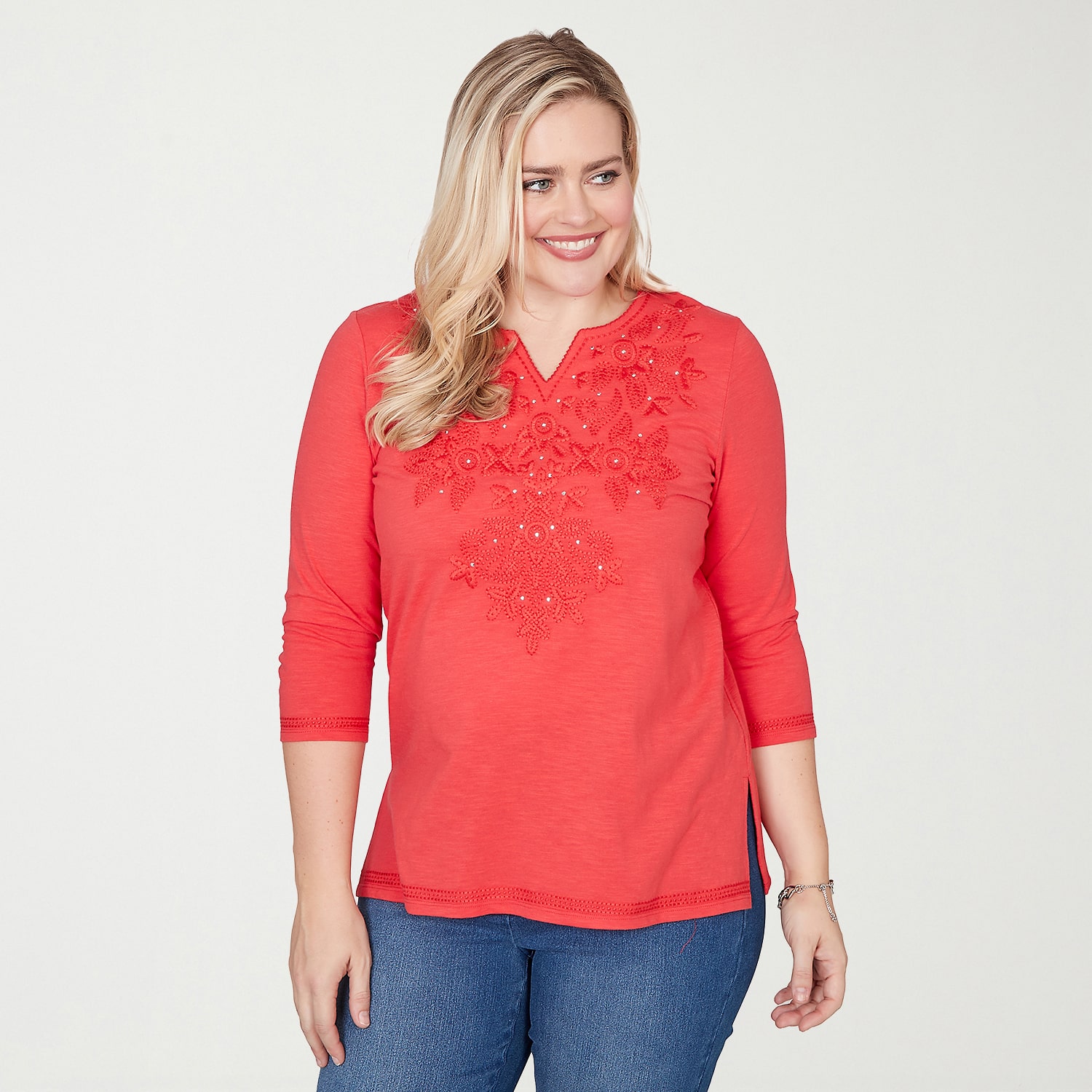 Alfred Dunner Port Side Womens Split Crew Neck 3/4 Sleeve T-Shirt