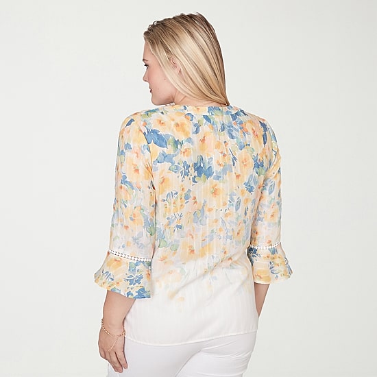 Alfred Dunner Out Of The Blue Womens Split Crew Neck 3/4 Sleeve Blouse