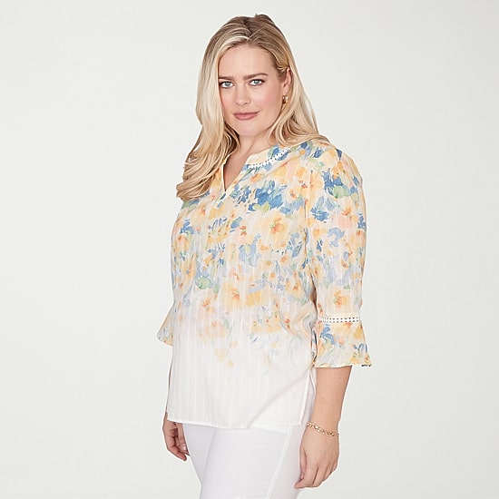 Alfred Dunner Out Of The Blue Womens Split Crew Neck 3/4 Sleeve Blouse