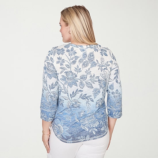 Alfred Dunner Out Of The Blue Womens V Neck 3/4 Sleeve Blouse