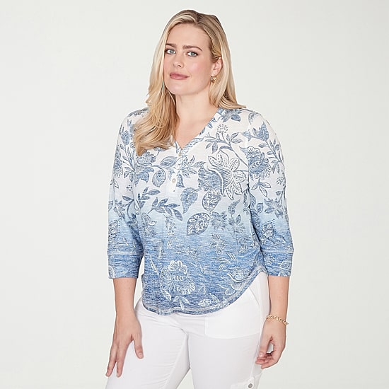 Alfred Dunner Out Of The Blue Womens V Neck 3/4 Sleeve Blouse