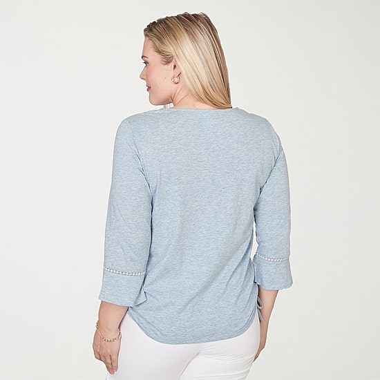 Alfred Dunner Out Of The Blue Womens Keyhole Neck 3/4 Sleeve T-Shirt