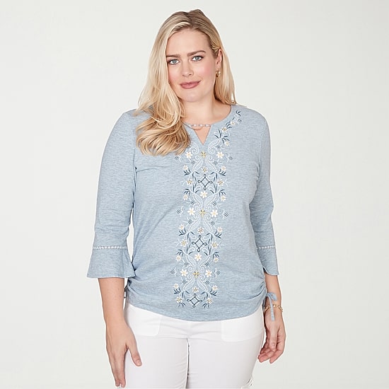 Alfred Dunner Out Of The Blue Womens Keyhole Neck 3/4 Sleeve T-Shirt