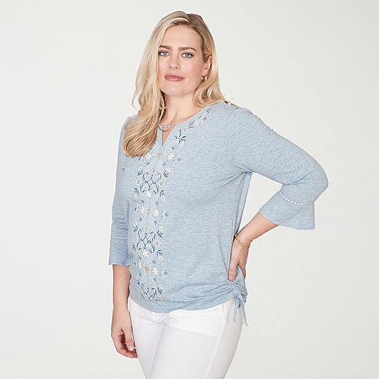 Alfred Dunner Out Of The Blue Womens Keyhole Neck 3/4 Sleeve T-Shirt