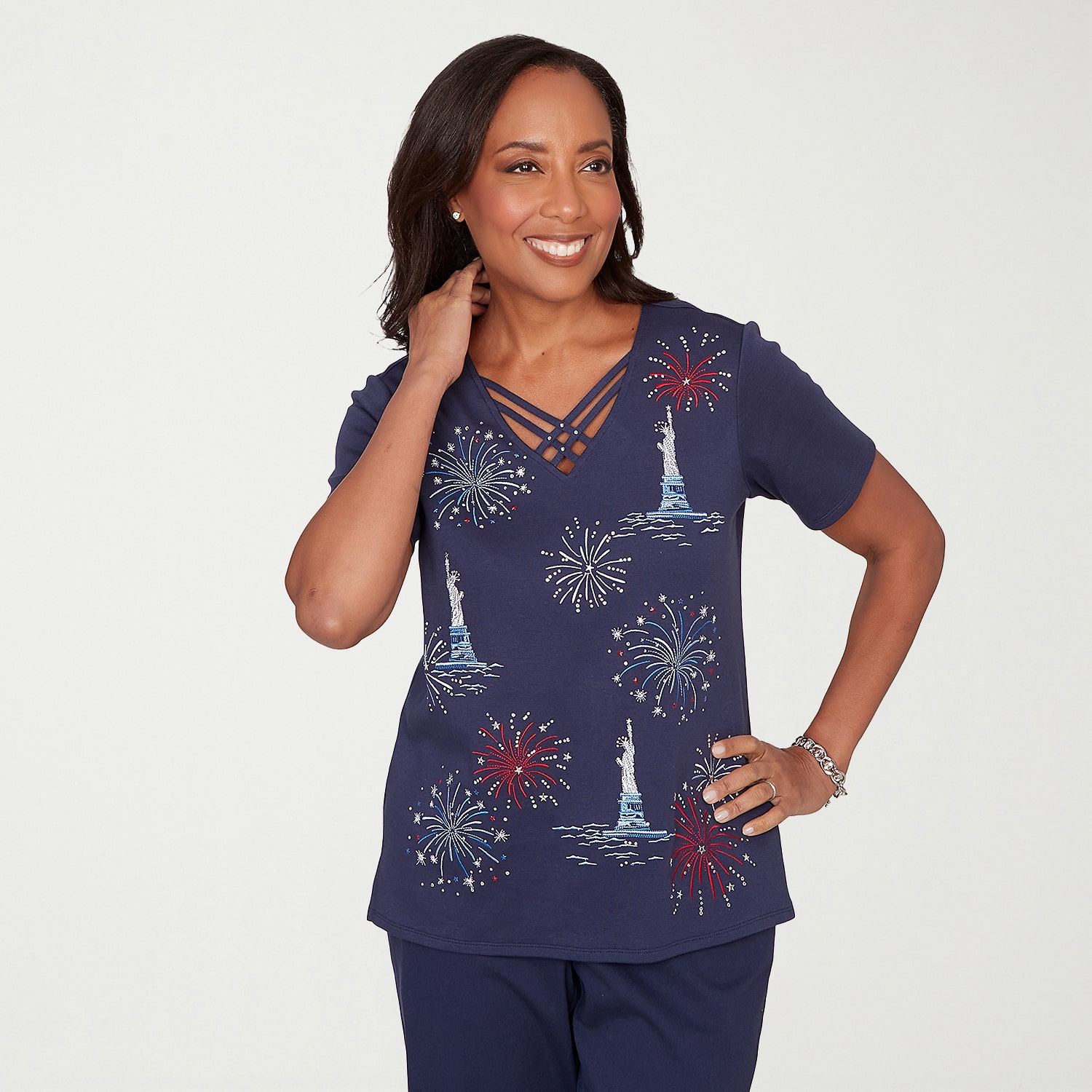 Alfred Dunner Lady Liberty Womens V Neck Short Sleeve T-Shirt