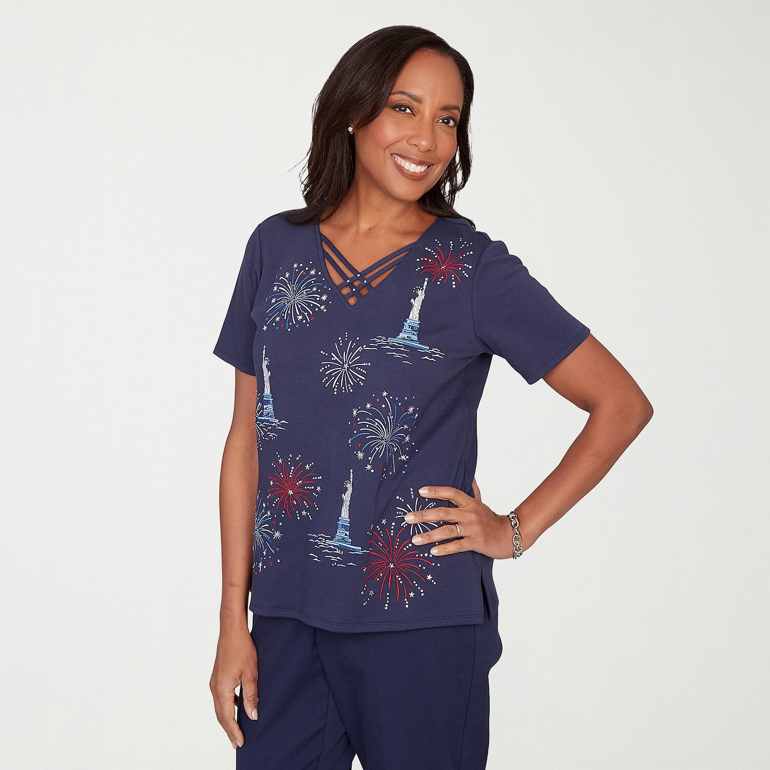 Alfred Dunner Lady Liberty Womens V Neck Short Sleeve T-Shirt