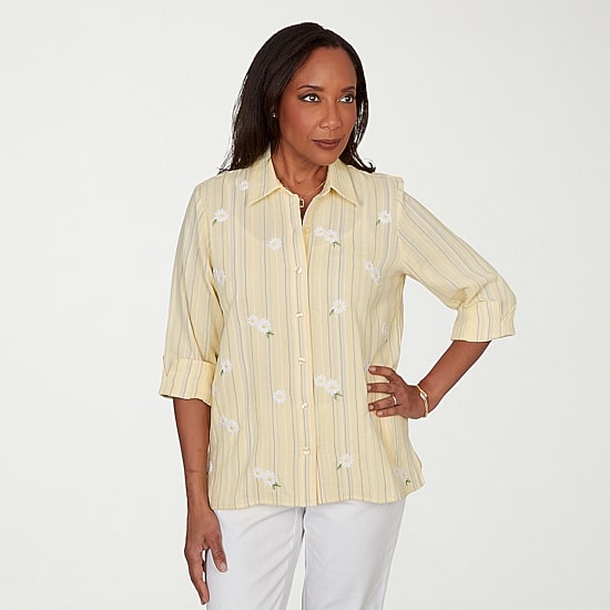 Alfred Dunner Out Of The Blue Womens 3/4 Sleeve Embroidered Blouse