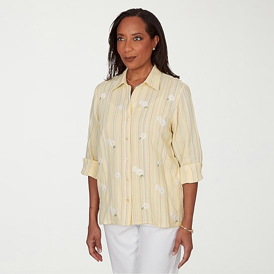 Alfred Dunner Out Of The Blue Womens 3/4 Sleeve Embroidered Blouse