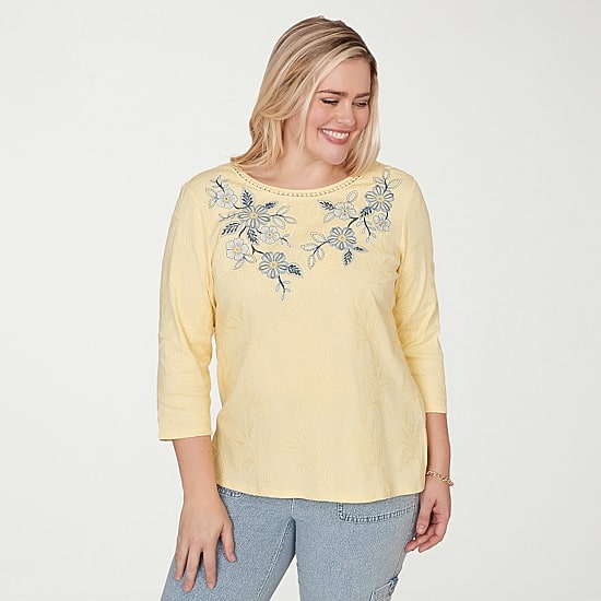 Alfred Dunner Out Of The Blue Womens Crew Neck 3/4 Sleeve T-Shirt