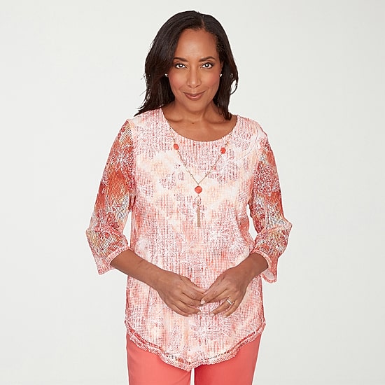 Alfred Dunner Resort Living Womens Crew Neck 3/4 Sleeve Lined Blouse